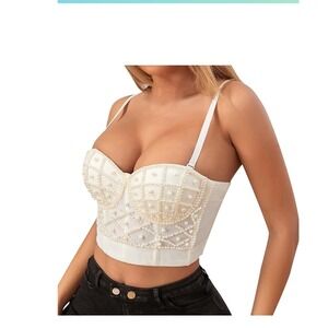 White Pearl Embellished Corset Bustier Top Adjustable Straps Hook & Eye Closure